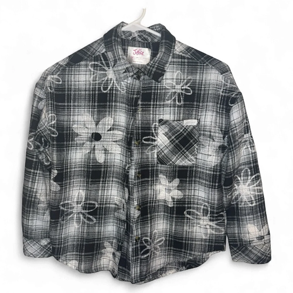 Justice Black and White Flower Plaid Button Front Shirt Girls Size M 10